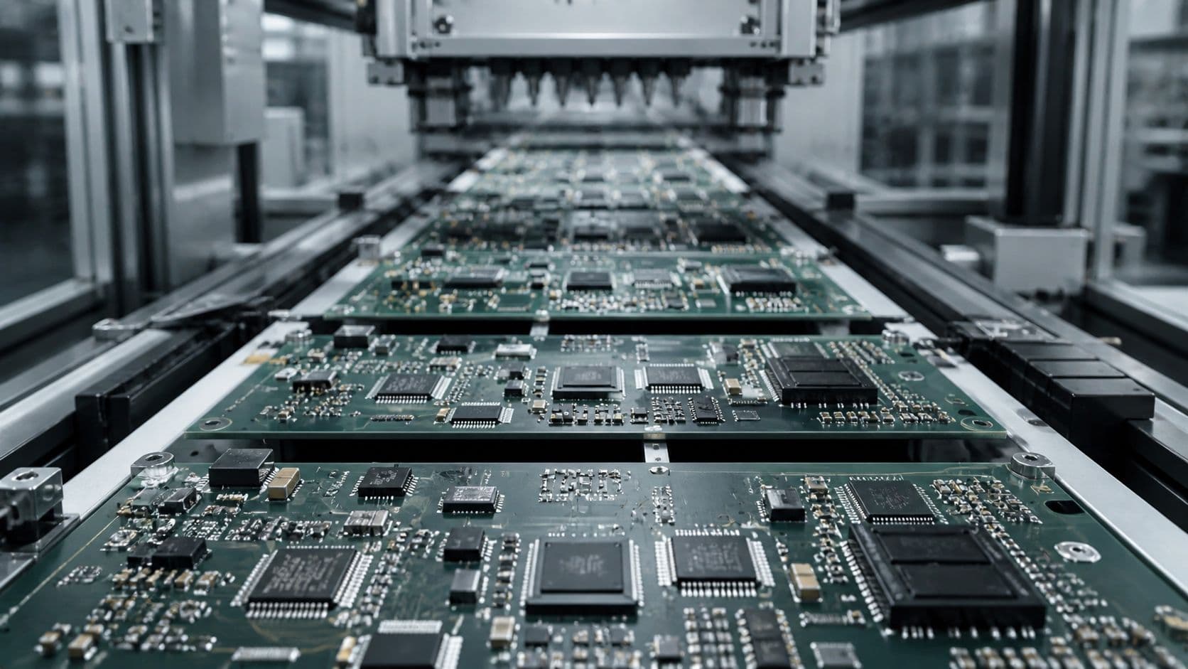 Printed circuit boards moving along an automated assembly line